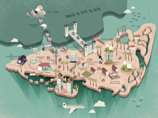 手绘矢量旅游新加坡景点地图滨海湾海报背景背景