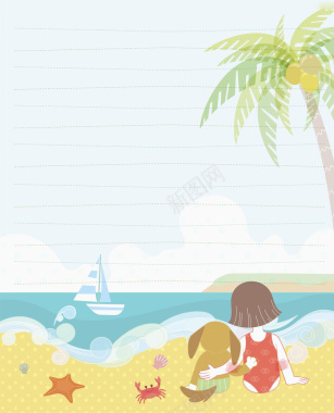 手绘卡通夏日海滩风景平面广告背景