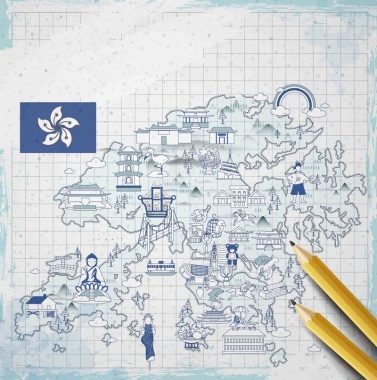 手绘矢量旅游香港景点蓝色线条地图海报背景背景