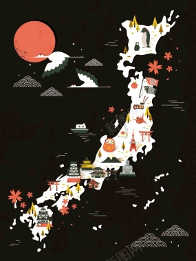 手绘矢量旅游日本景点樱花地图仙鹤海报背景