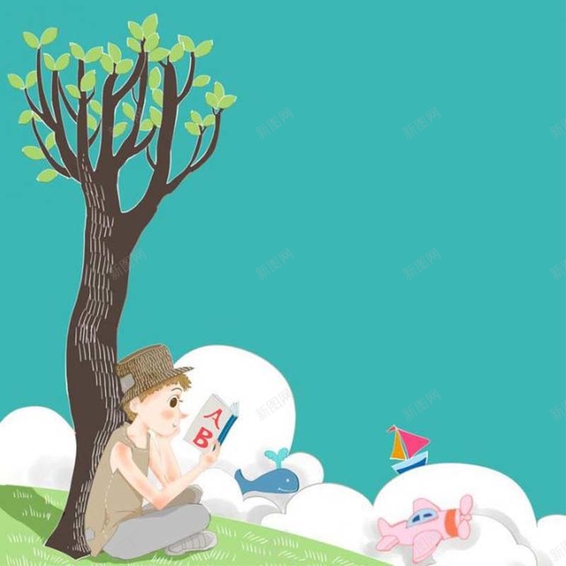 卡通小男孩背景图jpg设计背景_88icon https://88icon.com 主图 卡通 小男孩 手绘 树 看书 童趣