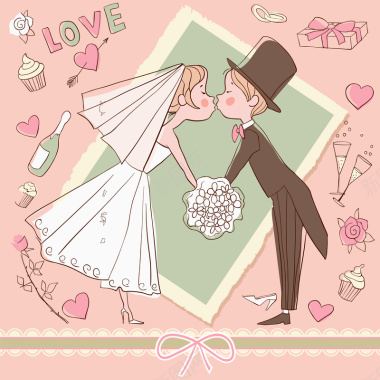 手绘结婚亲吻粉色背景矢量图背景