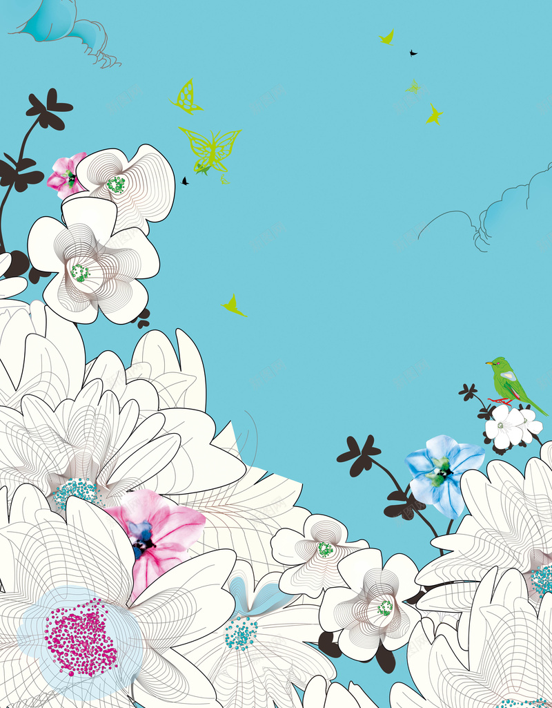 白色花卉展板背景psd设计背景_88icon https://88icon.com X展架 展板 展板素材 清新 白色 背景 花卉 花卉素材 蓝色