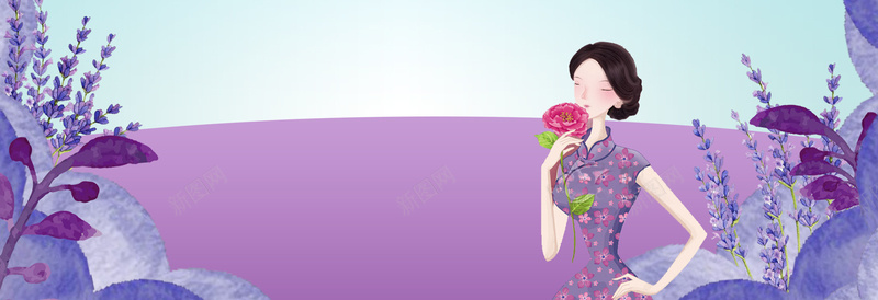 优雅旗袍女性紫色渐变背景背景