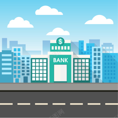 卡通蓝色银行建筑背景矢量图背景