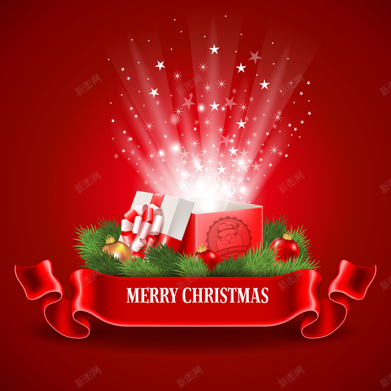 精美红色开盖礼盒矢量背景jpg设计背景_88icon https://88icon.com 光彩 圣诞快乐 圣诞节 打开的礼盒 红色飘带 高清矢量背景
