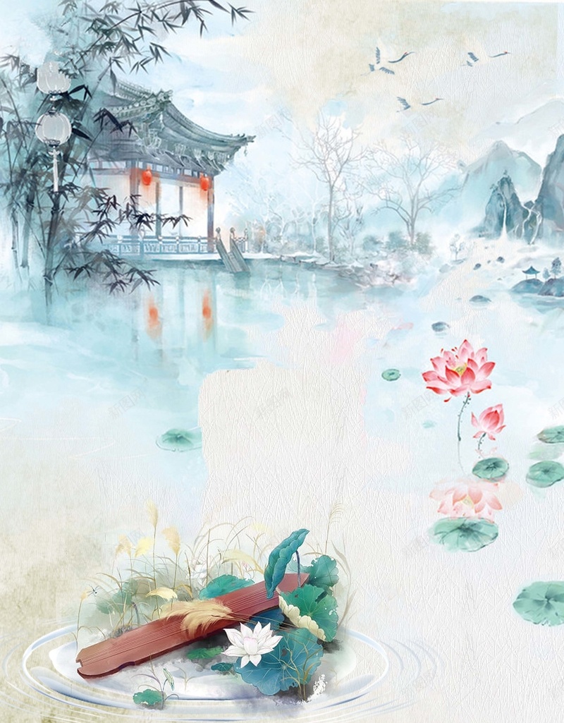 古风水墨画荷花端午海报背景模板psd设计背景_88icon https://88icon.com 亭台 古筝 古风 国画 水墨画 水墨风 海报背景 淡雅 端午节 荷花 轩榭