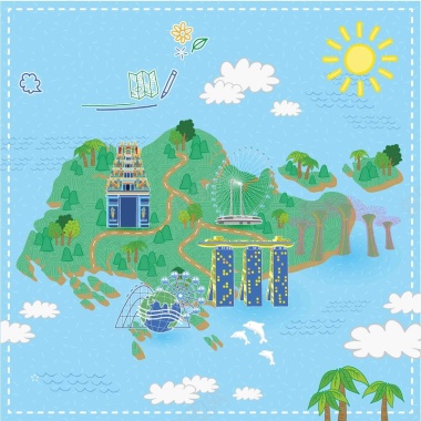 手绘矢量旅游新加坡景点地图圣淘沙海报背景背景