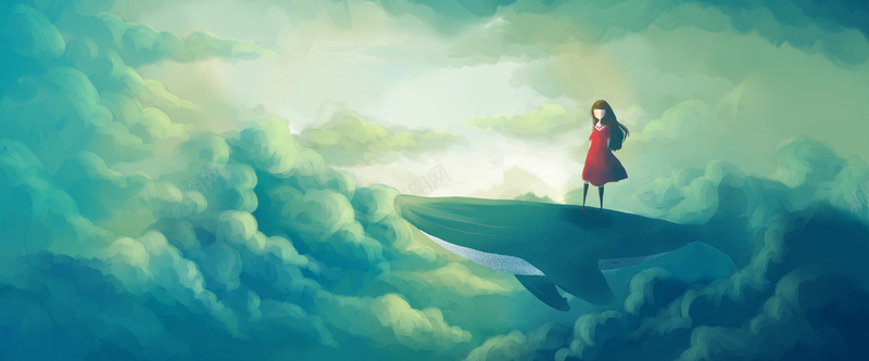 站在鲸背上的女孩插画背景