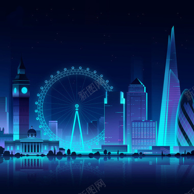 蓝色手绘城市夜景海报背景背景