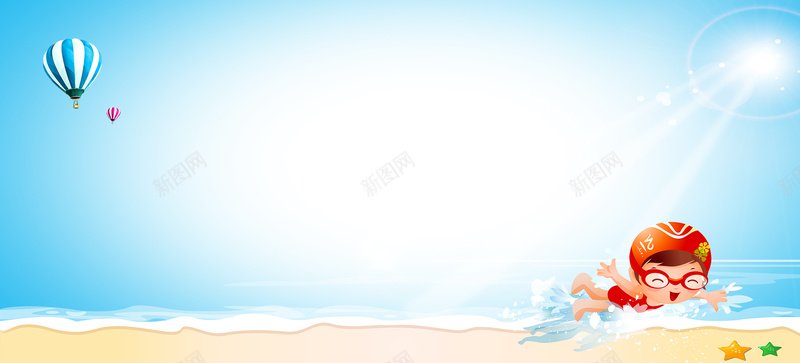 海边游泳热气球卡通童趣蓝色背景背景