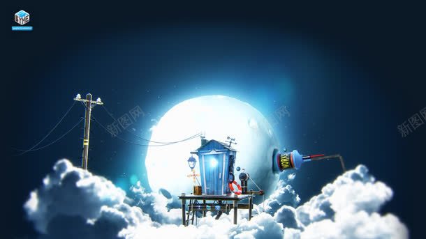 梦幻夜空月亮云层上的小木屋海报背景背景