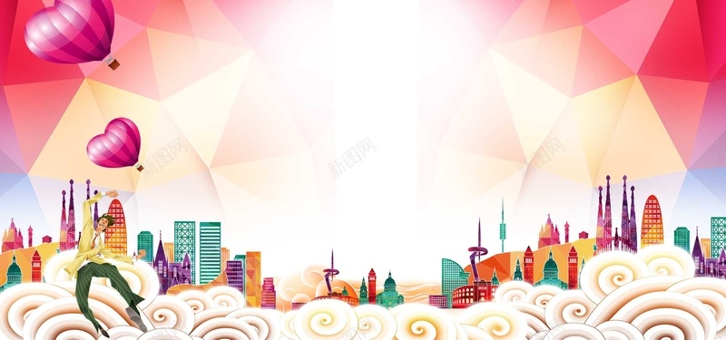 大气金色七巧彩绘城市剪影背景背景