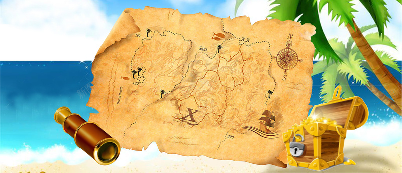 卡通地图宝藏椰树墙体彩绘背景背景
