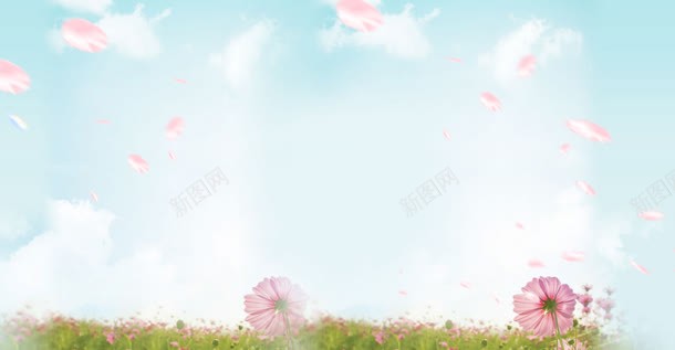 绿草粉色花朵蓝天白云背景