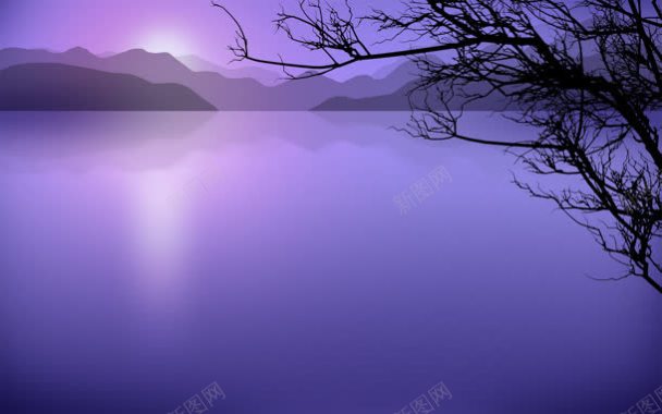 手绘壁纸紫色光线湖面背景