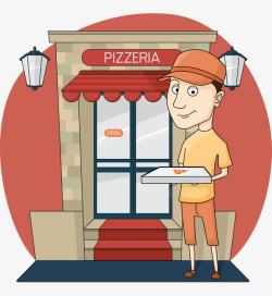 卡通手绘披萨店铺服务员素材