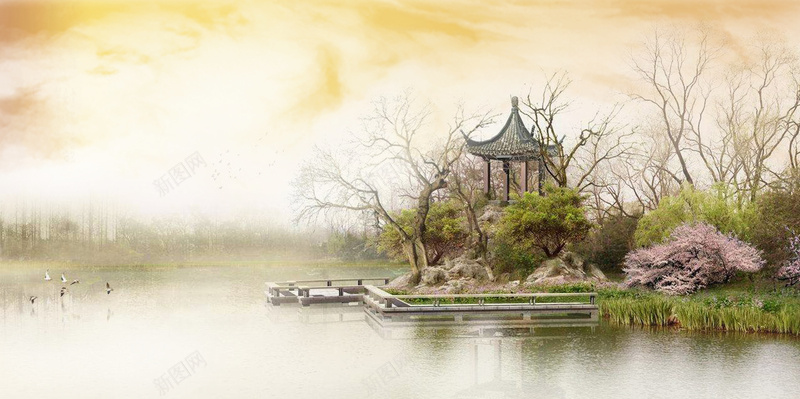 简约江南小镇广告psd设计背景_88icon https://88icon.com 亭子 古风建筑 广告 文艺 江南小镇 湖面 简约 花园