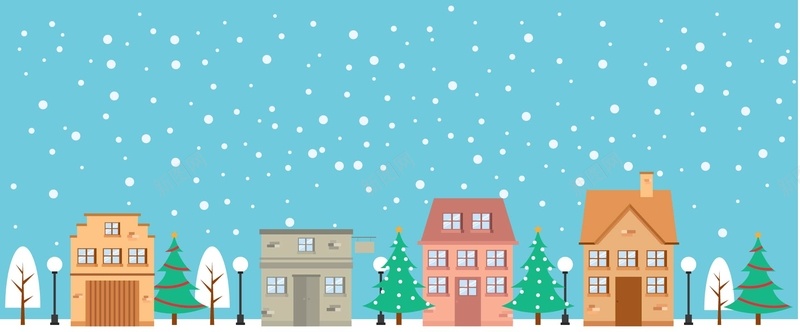 浅蓝色天空冬季下雪卡通房子矢量图背景