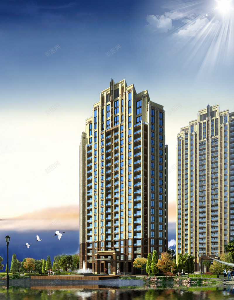 大气房地产开盘宣传海报背景psd设计背景_88icon https://88icon.com 光感 地产 大气 宣传 开盘 房地产 楼盘 海报 湖水 素材 背景 设计