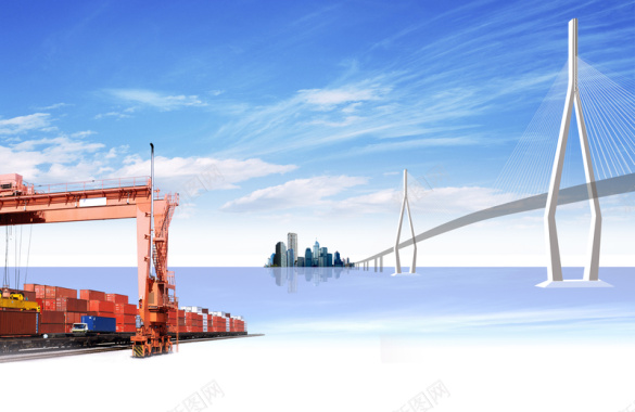 港口集装箱与悬索大桥海报背景背景