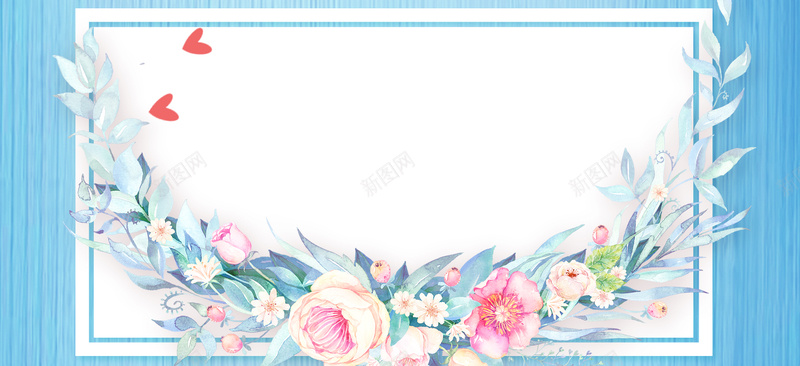 天猫化妆节手绘蓝色花朵banner背景