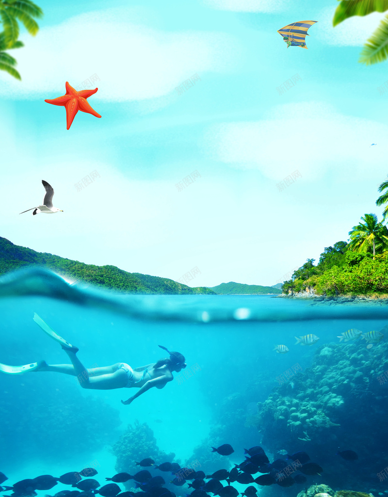 夏季海边潜水旅行海报psd设计背景_88icon https://88icon.com 夏季 夏季旅行 天空 树叶 海星 海边 海边旅行 潜水