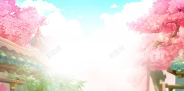 蓝天白云粉色花朵背景