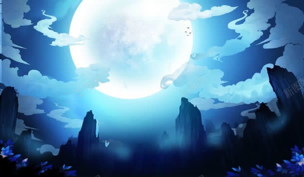 手绘游戏夜景月亮云彩背景