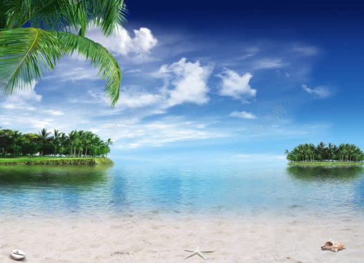 蓝天白云沙滩海报风景背景