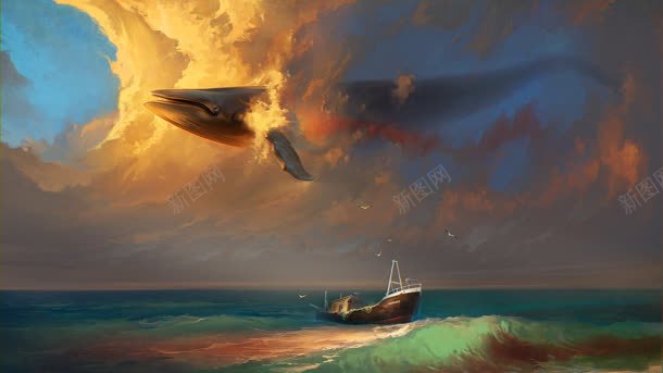 卡通手绘云彩中的鲨鱼背景