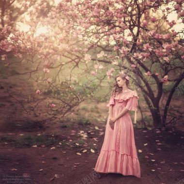 桃花树下的粉色衣服女孩背景