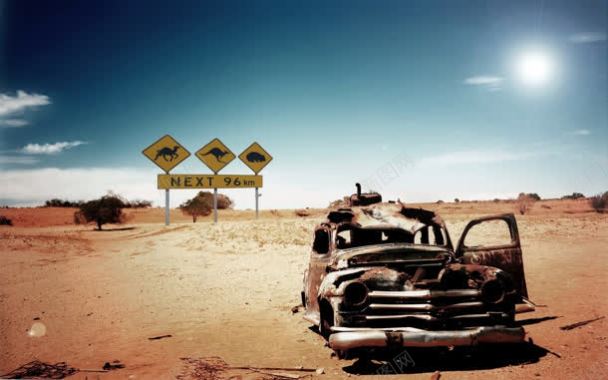 沙漠上的破旧汽车海报背景背景