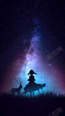 星空和鹿人物的剪影背景