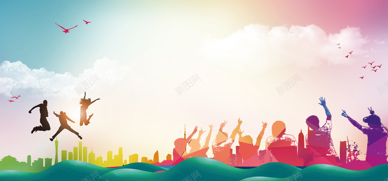 青少年跳跃几何炫彩云层大雁背景psd设计背景_88icon https://88icon.com 54青年节 五四精神 五四青年节 五四青年节海报 年轻人 青年节 青年节海报 青年节海报素材 青春