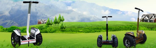 平衡车海报jpg设计背景_88icon https://88icon.com 平衡车 建筑 绿色草地 蓝天白云