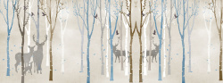 条纹麋鹿素材复古森林麋鹿树林飞鸟背景高清图片