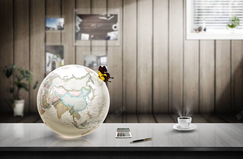 办公商业背景psd设计背景_88icon https://88icon.com 办公 商业 地球仪 桌面 海报 背景 蝴蝶