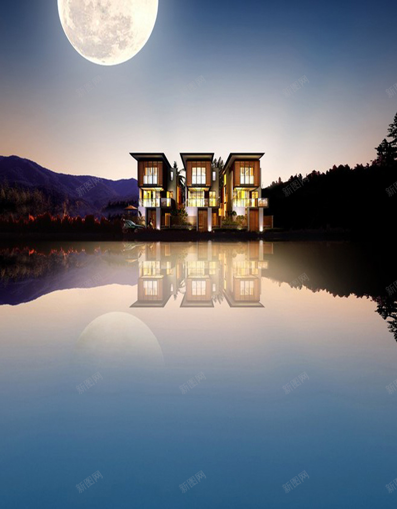 风景圆月摄影H5海报jpg设计背景_88icon https://88icon.com H5海报 倒影 别墅 圆月 天空 摄影 月光 浮桥 湖水 远山 风景