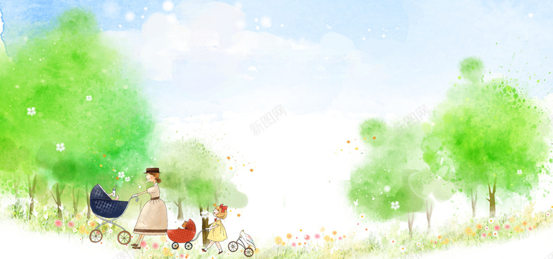春暖花开母婴踏青海报bannerpsd设计背景_88icon https://88icon.com 儿童 天猫背景 小推车 小清新 插画 春暖花开 母婴 淘宝海报 白云 蓝天 踏青