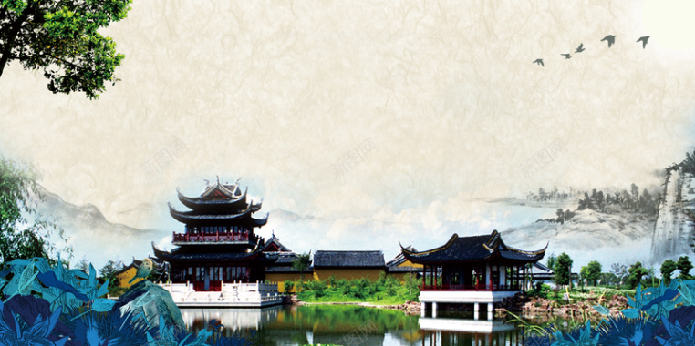 中国风苏州特色园林旅游宣传海报背景背景