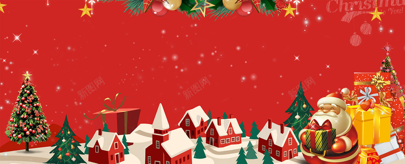 圣诞老人卡通房屋雪花红色banner背景