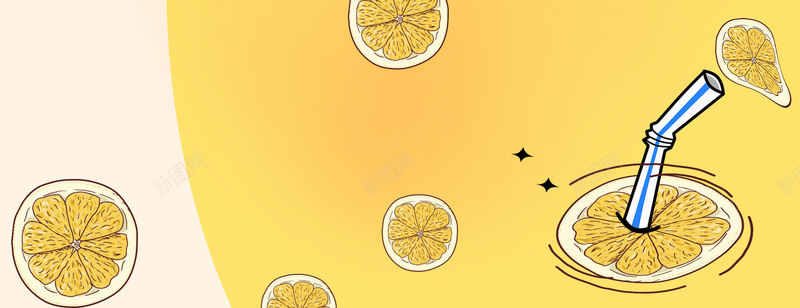 柠檬果茶文艺手绘黄色背景背景