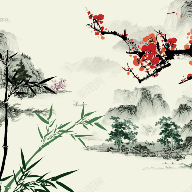 中国风元素水墨山水画竹子梅花背景