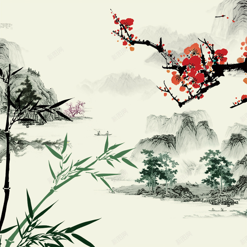 竹子山水圖 中国风元素水墨山水画竹子梅花背景图片免费下载-素材zkezkhza-88ICON