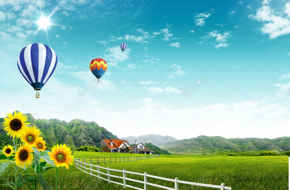 蓝天白云草地向日葵热气球海报背景背景