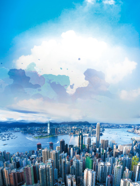 蓝天白云风景城市建筑商务湖面背景背景