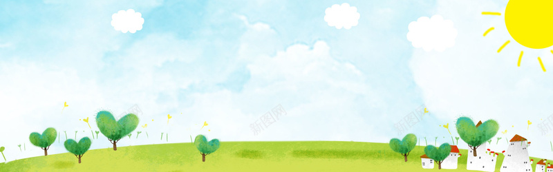 夏季手绘水彩蓝色天空草地海报背景背景
