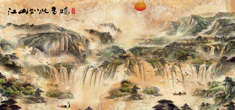 国画山水风景画jpg设计背景_88icon https://88icon.com 中国风 国画 小船 山 山水画 植物 河流 海报banner 瀑布