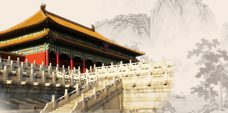 传统水墨风爱国H5背景jpg设计背景_88icon https://88icon.com H5背景 传统 和谐 故宫 校园文化 水墨 爱国 美德 花卉 远山 黄色